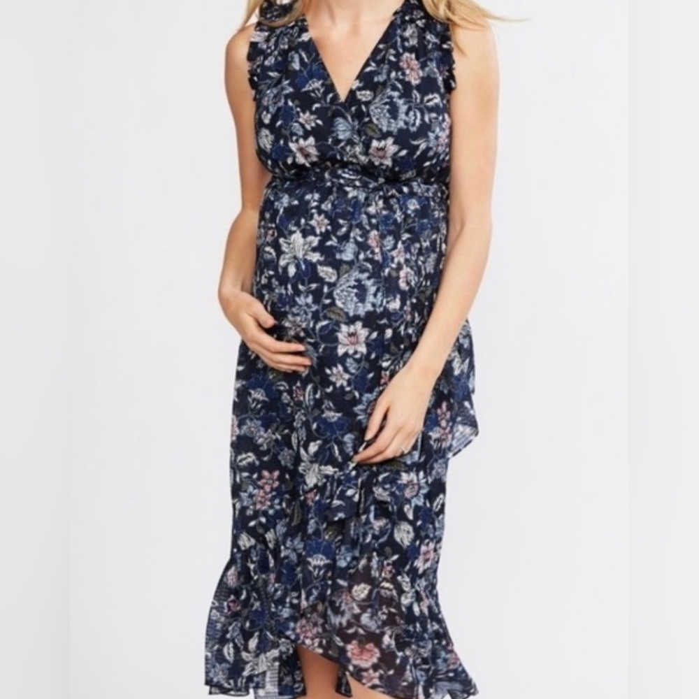 Jessica Simpson Maternity Dress Ruffle Navy Blue Floral Small